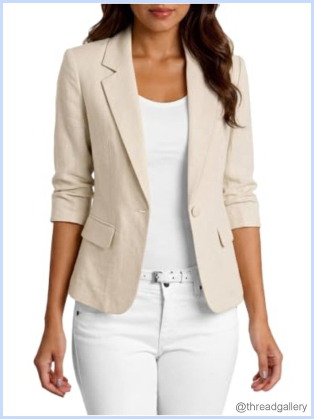 Women's 3/4 Sleeve Linen Blazer Lightweight Slim Tailored Jacket